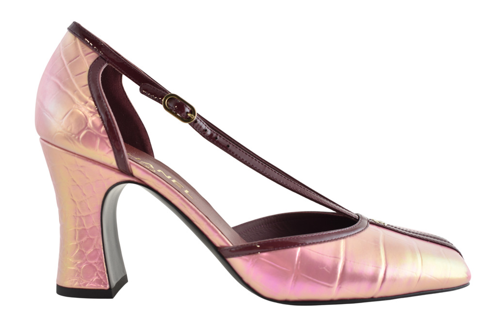 Chanel 26K Pink Iridescent Crocodile Croc Mary Jane Strap Block Heel Pump 39.5